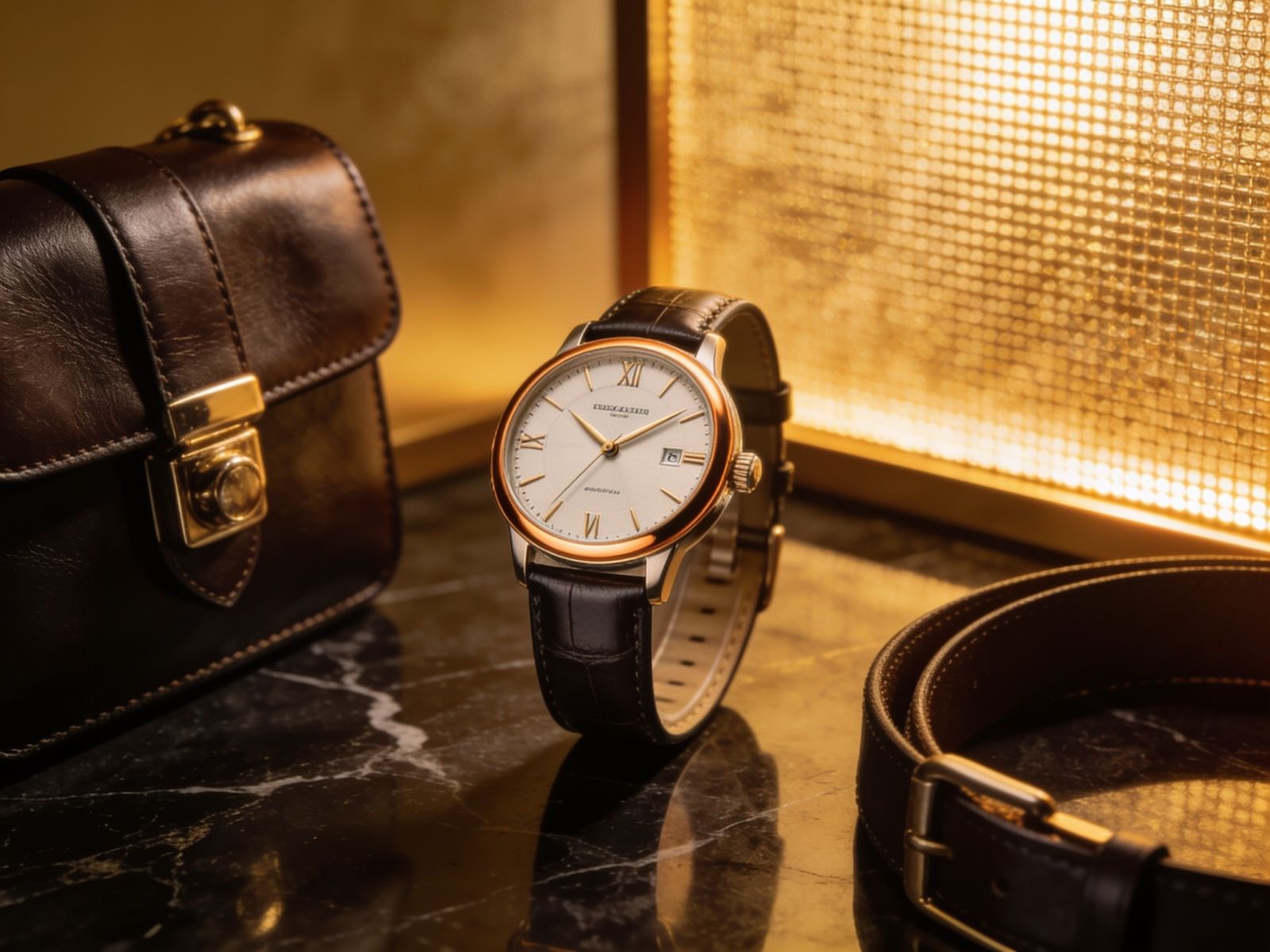 A watch and leather goods on a desk