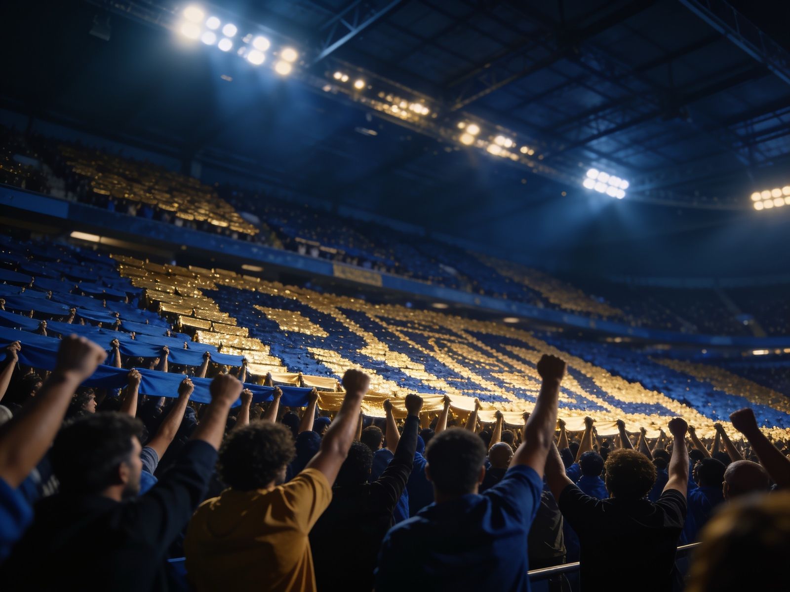 A stadium crowd under the floodlights