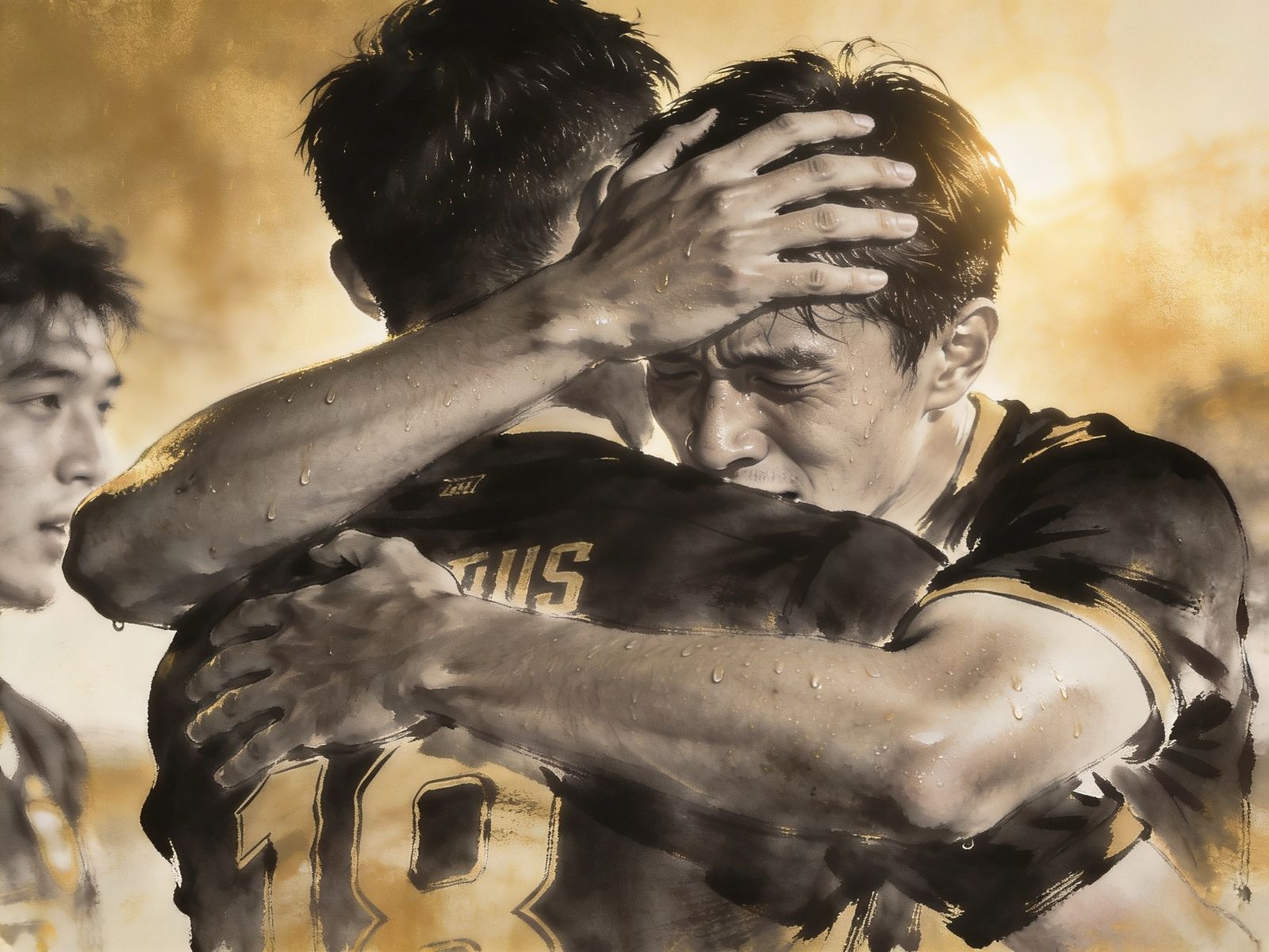 Two teammates embracing after a goal