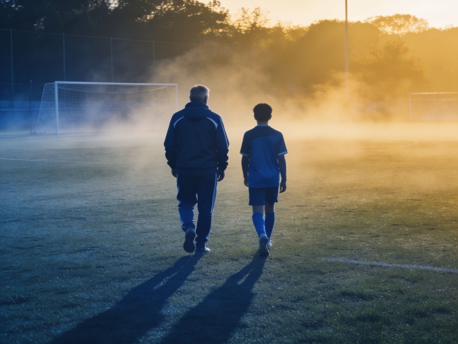 Two figures on a misty pitch at dawn