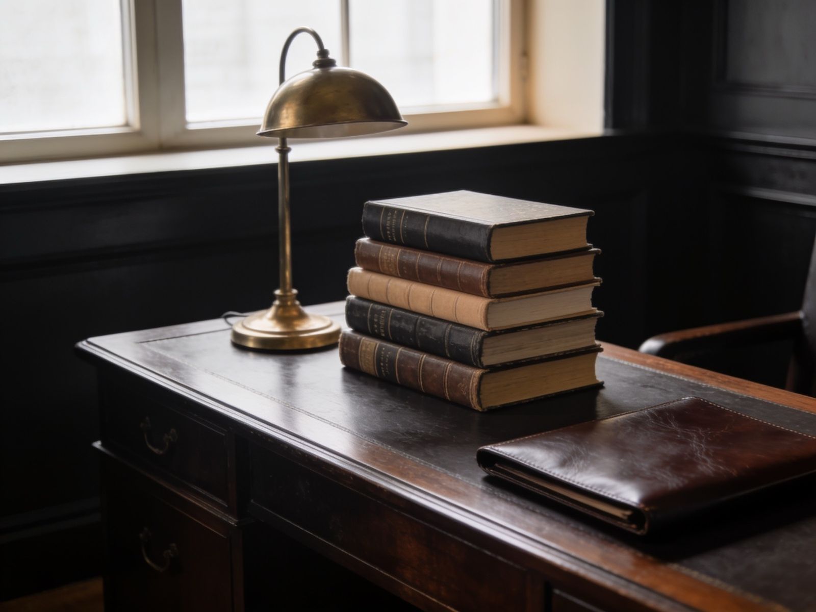 A quiet desk with books and a lamp