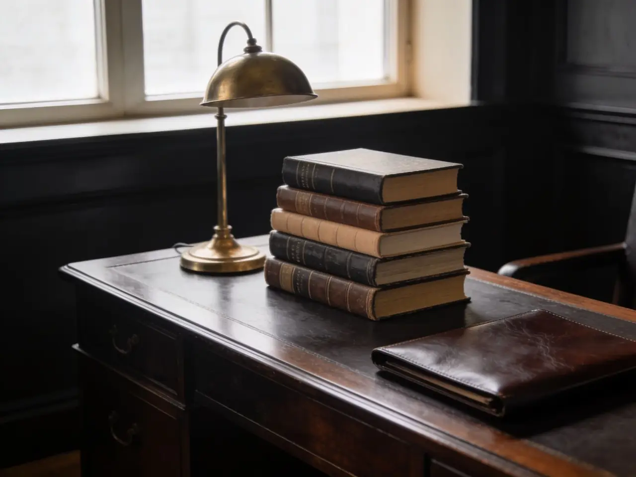 A quiet desk with books and a lamp